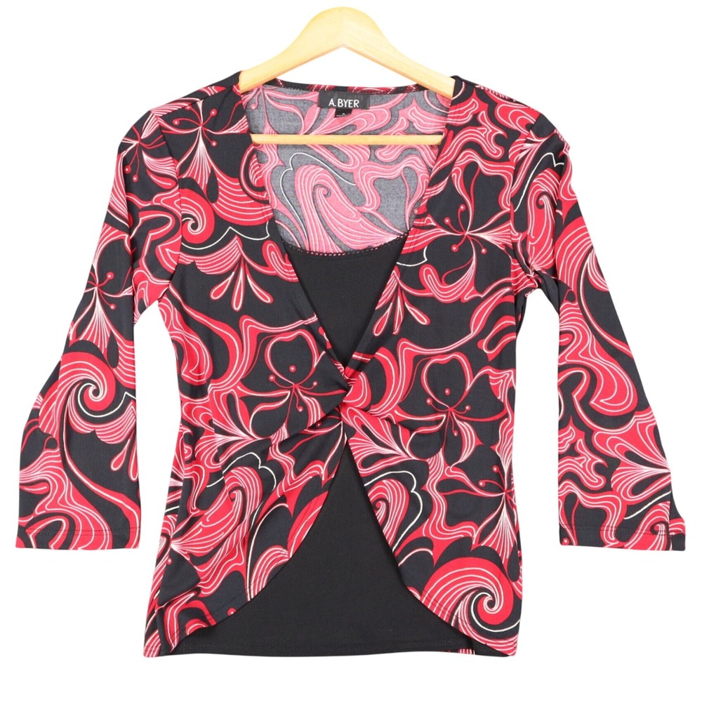 A. Byer Top Womens Small Y2K Red Black Swirl Metallic Knot Front 2-in-1 Layered